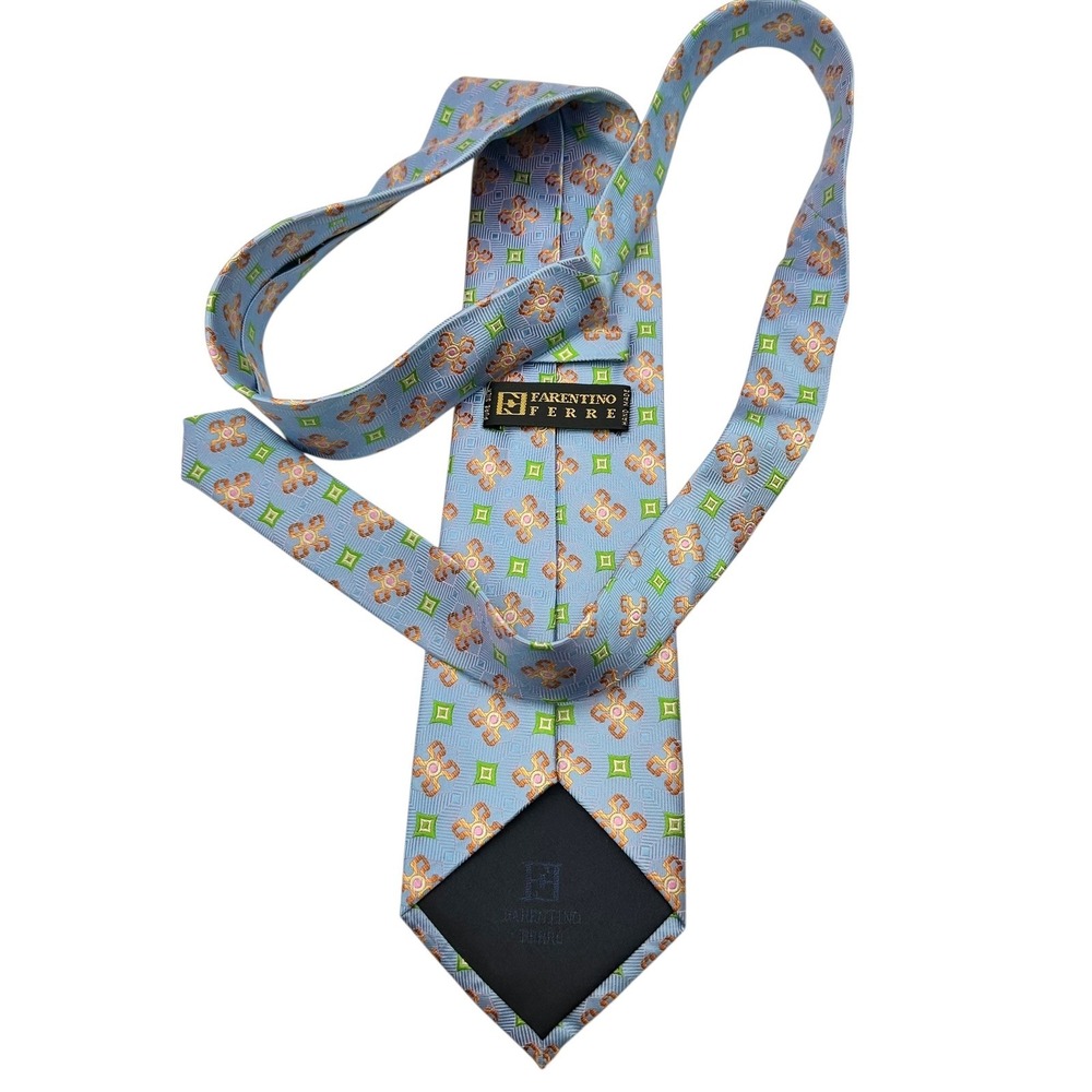 Farentino Ferre Mens 100% Silk Tie Blue Geometric Floral Business Dress Tie NEW - Picture 5 of 5